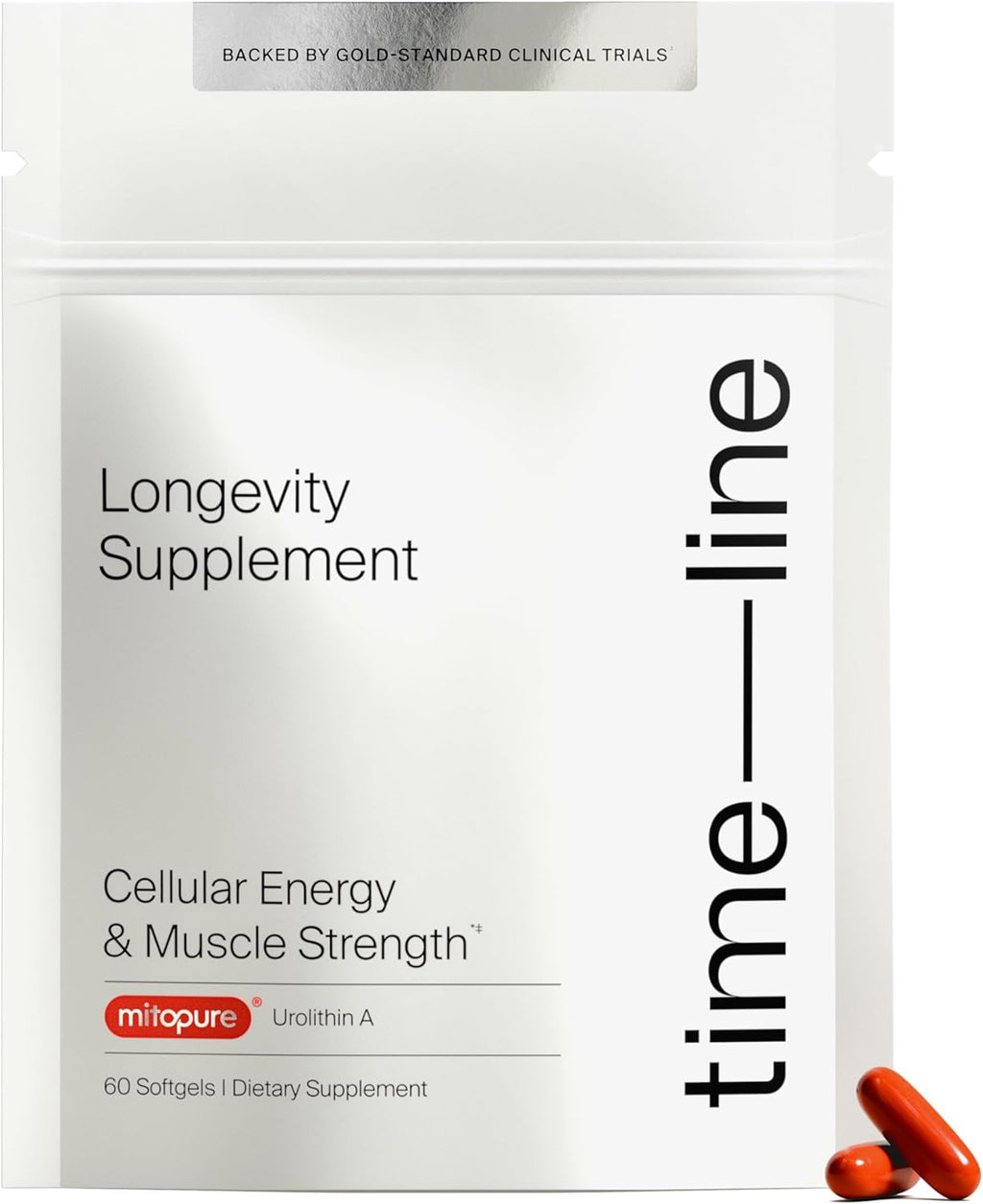 Longevity Supplement' with 'time-line' branding on a white background.