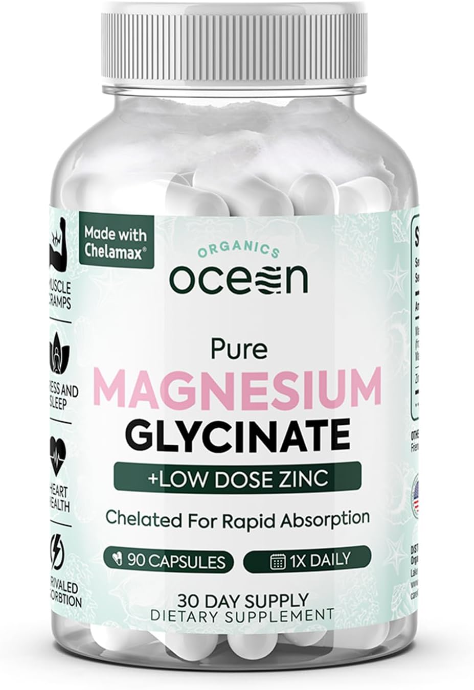 Pure Magnesium Glycinate with Zinc - Maximum Strength Chelated Magnesium Supplement for Women and Men 90 Capsule