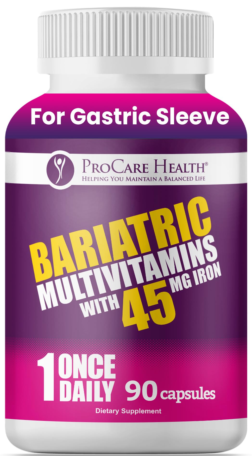 Bariatric multivitamins with 45 mg iron supplement bottle on a white background